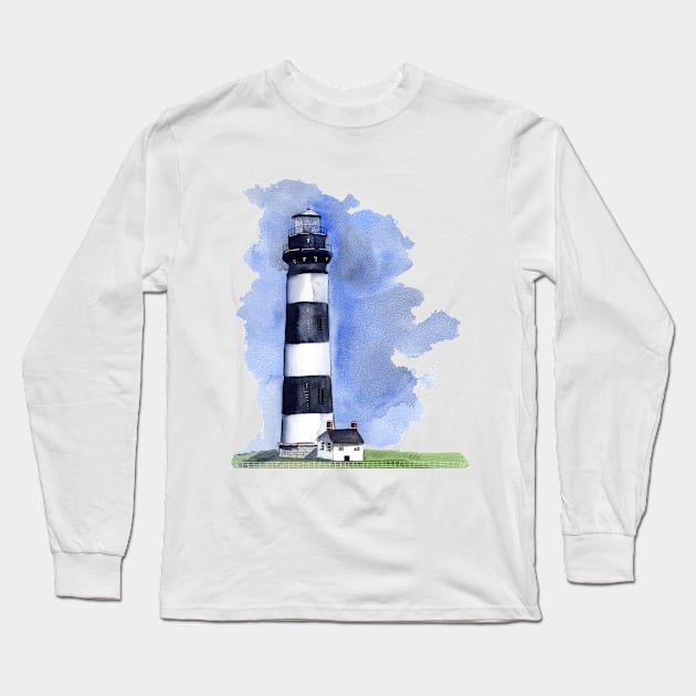 Bodie Island Lighthouse Watercolor Painting Long Sleeve T-Shirt by Sandraartist